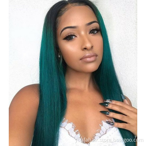 Brazilian Transparent Lace Human Hair Wig Ombre 1B Green Lace Frontal Wigs 13x4 Straight Hair HD Lace Front Wigs for Black Women